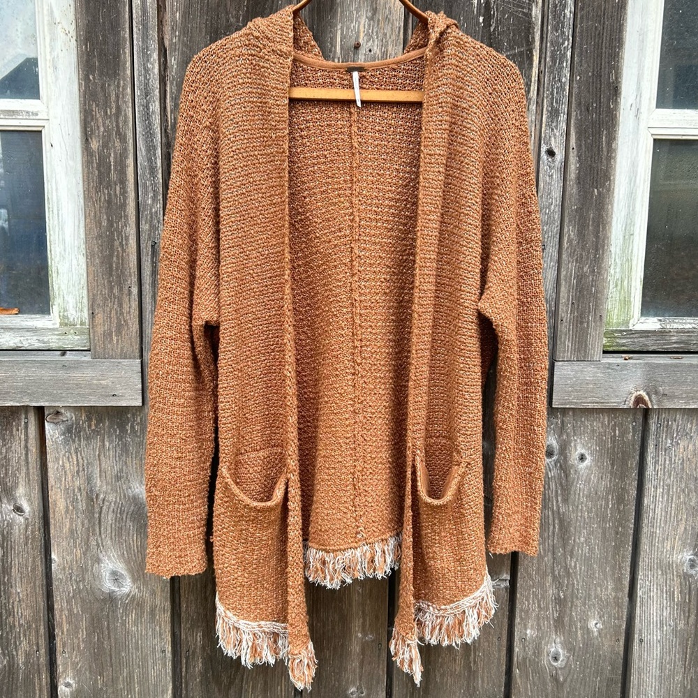 Free People Love Me Tender Cardi Fringe Long Brown Tan Cardigan size S - Picture 2 of 7